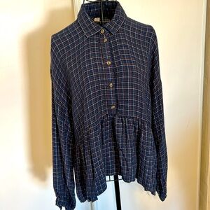 American Eagle Navy Plaid Button-Up Blouse Size S
